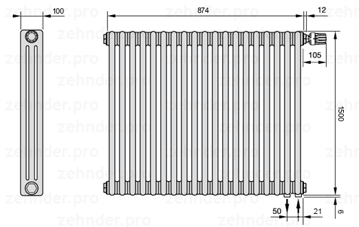 Схема (чертеж) Радиатор Zehnder Charleston 3150/19 №V002 Белый глянцевый RAL 9016